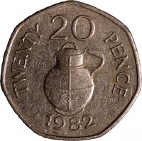 reverse of 20 Pence - Elizabeth II (1982 - 1983) coin with KM# 38 from Guernsey. Inscription: TWENTY 20 PENCE 1982