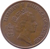 Guernsey coin 1 Penny - Elizabeth II - 3'rd Portrait (1985 - 1990) obverse obverse of 1 Penny - Elizabeth II - 3'rd Portrait (1985 - 1990) coin with KM# 40 from Guernsey. Inscription: ELIZABETH II BAILIWICK OF GUERNSEY