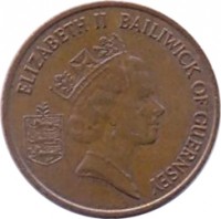 obverse of 1 Penny - Elizabeth II - 3'rd Portrait (1985 - 1990) coin with KM# 40 from Guernsey. Inscription: ELIZABETH II BAILIWICK OF GUERNSEY