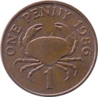 reverse of 1 Penny - Elizabeth II - 3'rd Portrait (1985 - 1990) coin with KM# 40 from Guernsey. Inscription: ONE PENNY 1986 1