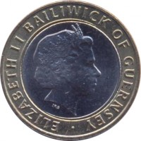 obverse of 2 Pounds - Elizabeth II - 4'th Portrait (1998 - 2012) coin with KM# 83 from Guernsey. Inscription: ELIZABETH II BAILIWICK OF GUERNSEY