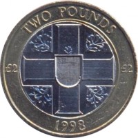 Guernsey coin 2 Pounds - Elizabeth II - 4'th Portrait (1998 - 2012) reverse reverse of 2 Pounds - Elizabeth II - 4'th Portrait (1998 - 2012) coin with KM# 83 from Guernsey. Inscription: TWO POUNDS £2 £2 1998