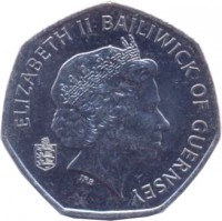 obverse of 50 Pence - Elizabeth II - 4'th Portrait (2003 - 2012) coin with KM# 156 from Guernsey. Inscription: ELIZABETH II BAILIWICK OF GUERNSEY