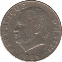 obverse of 50 Centimes (1975 - 1985) coin with KM# 101a from Haiti. Inscription: REPUBLIQUE D'HAITI 1983