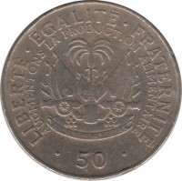 Haiti coin 50 Centimes (1975 - 1985) reverse reverse of 50 Centimes (1975 - 1985) coin with KM# 101a from Haiti. Inscription: LIBERTE.EGALITE.FRATERNITE AUGMENTONS LA PRODUCTION ALIMENTAIRE L'UNION FAIT LA FORCE . 50 .