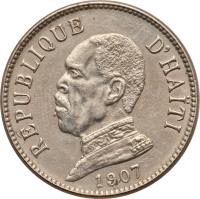 obverse of 20 Centimes (1907 - 1908) coin with KM# 55 from Haiti. Inscription: RÉPUBLIQUE D'HAITI 1907