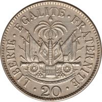 reverse of 20 Centimes (1907 - 1908) coin with KM# 55 from Haiti. Inscription: LIBERTÉ EGALITÉ FRATERNITÉ 20