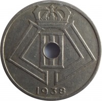 obverse of 25 Centimes - Leopold III - BELGIE-BELGIQUE (1938) coin with KM# 115 from Belgium. Inscription: 1938