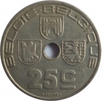 reverse of 25 Centimes - Leopold III - BELGIE-BELGIQUE (1938) coin with KM# 115 from Belgium. Inscription: BELGIE - BELGIQUE 25 c O. JESPERS