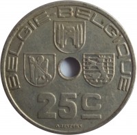 Belgium coin 25 Centimes - Leopold III - BELGIE-BELGIQUE (1938) reverse reverse of 25 Centimes - Leopold III - BELGIE-BELGIQUE (1938) coin with KM# 115 from Belgium. Inscription: BELGIE - BELGIQUE 25 c O. JESPERS
