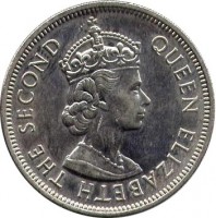 obverse of 1 Dollar - Elizabeth II - 1'st Portrait (1971 - 1975) coin with KM# 35 from Hong Kong. Inscription: QUEEN ELIZABETH THE SECOND