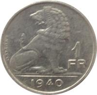 reverse of 1 Franc - Leopold III - BELGIE-BELGIQUE (1939 - 1940) coin with KM# 120 from Belgium. Inscription: 1 FR 1940 E.WIJNANTS