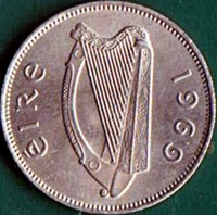 obverse of 6 Pingin (1942 - 1969) coin with KM# 13a from Ireland. Inscription: eIRe 1969