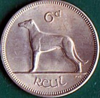reverse of 6 Pingin (1942 - 1969) coin with KM# 13a from Ireland. Inscription: 6d ReuL