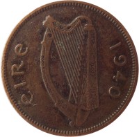obverse of 1/2 Pingin (1939 - 1967) coin with KM# 10 from Ireland. Inscription: éIRe 1940