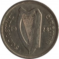 obverse of 6 Pingin (1928 - 1935) coin with KM# 5 from Ireland. Inscription: saorstat éireann 19 28