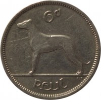 Ireland coin 6 Pingin (1928 - 1935) reverse reverse of 6 Pingin (1928 - 1935) coin with KM# 5 from Ireland. Inscription: 6d reul