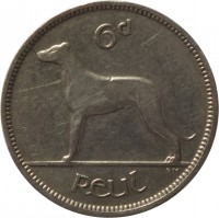 reverse of 6 Pingin (1928 - 1935) coin with KM# 5 from Ireland. Inscription: 6d reul