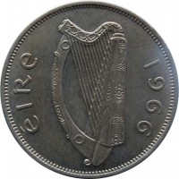 obverse of 1/2 Crown (1951 - 1967) coin with KM# 16a from Ireland. Inscription: éIRe 1966