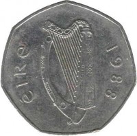 obverse of 50 Pingin - Dublin Millennium (1988) coin with KM# 26 from Ireland. Inscription: éIRe 1988