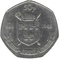 reverse of 50 Pingin - Dublin Millennium (1988) coin with KM# 26 from Ireland. Inscription: 50p 988 1988 AT CLLAT 1000 DUBLIN