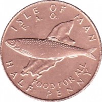 Isle of Man coin 1/2 Penny - Elizabeth II - FAO - 2'nd Portrait (1977) reverse reverse of 1/2 Penny - Elizabeth II - FAO - 2'nd Portrait (1977) coin with KM# 40 from Isle of Man. Inscription: ISLE OF MAN F. A. O. FOOD FOR ALL HALF PENNY