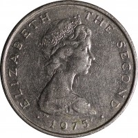 obverse of 5 New Pence - Elizabeth II - 2'nd Portrait (1971 - 1975) coin with KM# 22 from Isle of Man. Inscription: ELIZABETH THE SECOND · 1975 ·