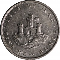 Isle of Man coin 5 New Pence - Elizabeth II - 2'nd Portrait (1971 - 1975) reverse reverse of 5 New Pence - Elizabeth II - 2'nd Portrait (1971 - 1975) coin with KM# 22 from Isle of Man. Inscription: · ISLE OF MAN · FIVE NEW PENCE
