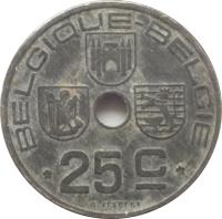 reverse of 25 Centimes - Leopold III - BELGIQUE-BELGIE (1941 - 1947) coin with KM# 131 from Belgium. Inscription: BELGIQUE-BELGIE 25C O.JESPERS