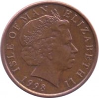 obverse of 1 Penny - Elizabeth II - 4'th Portrait (1998 - 1999) coin with KM# 823 from Isle of Man. Inscription: ISLE OF MAN ELIZABETH II 1998