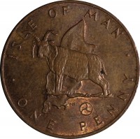 reverse of 1 Penny - Elizabeth II - 2'nd Portrait (1976 - 1979) coin with KM# 33 from Isle of Man. Inscription: · ISLE OF MAN · ONE PENNY