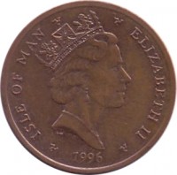 obverse of 2 Pence - Elizabeth II - 3'rd Portrait (1996 - 1997) coin with KM# 589 from Isle of Man. Inscription: ISLE OF MAN ELIZABETH II 1996