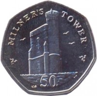 reverse of 50 Pence - Elizabeth II - 4'th Portrait (2004 - 2015) coin with KM# 1258 from Isle of Man. Inscription: MILNER'S TOWER 50
