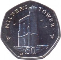 Isle of Man coin 50 Pence - Elizabeth II - 4'th Portrait (2004 - 2015) reverse reverse of 50 Pence - Elizabeth II - 4'th Portrait (2004 - 2015) coin with KM# 1258 from Isle of Man. Inscription: MILNER'S TOWER 50