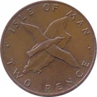 reverse of 2 Pence - Elizabeth II - 2'nd Portrait (1976 - 1979) coin with KM# 34 from Isle of Man. Inscription: ISLE OF MAN · TWO PENCE ·