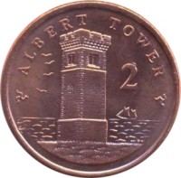 Isle of Man coin 2 Pence - Elizabeth II - 4'th Portrait (2004 - 2015) reverse reverse of 2 Pence - Elizabeth II - 4'th Portrait (2004 - 2015) coin with KM# 1254 from Isle of Man. Inscription: ALBERT TOWER 2