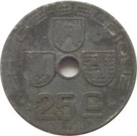 reverse of 25 Centimes - Leopold III - BELGIE-BELGIQUE (1942 - 1947) coin with KM# 132 from Belgium. Inscription: BELGIE-BELGIQUE 25C O. JESPERS