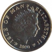 obverse of 1 Pound - Elizabeth II - 4'th Portrait (2000 - 2003) coin with KM# 1042 from Isle of Man. Inscription: ISLE OF MAN ELIZABETH II 2000 IRB
