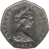 obverse of 50 Pence - Elizabeth II - 2'nd Portrait (1976 - 1979) coin with KM# 39 from Isle of Man. Inscription: ELIZABETH THE SECOND · 1976 ·