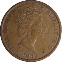 obverse of 2 Pence - Elizabeth II - 3'rd Portrait (1988 - 1995) coin with KM# 208 from Isle of Man. Inscription: ISLE OF MAN ELIZABETH II 1989