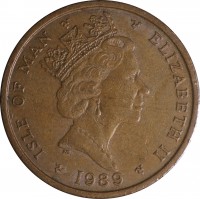 Isle of Man coin 2 Pence - Elizabeth II - 3'rd Portrait (1988 - 1995) obverse obverse of 2 Pence - Elizabeth II - 3'rd Portrait (1988 - 1995) coin with KM# 208 from Isle of Man. Inscription: ISLE OF MAN ELIZABETH II 1989