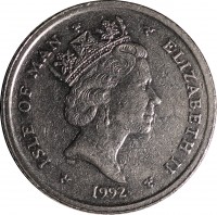 obverse of 10 Pence - Elizabeth II - 3'rd Portrait (1992 - 1995) coin with KM# 337 from Isle of Man. Inscription: ISLE OF MAN ELIZABETH II 1992