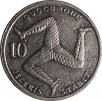 Isle of Man coin 10 Pence - Elizabeth II - 3'rd Portrait (1992 - 1995) reverse reverse of 10 Pence - Elizabeth II - 3'rd Portrait (1992 - 1995) coin with KM# 337 from Isle of Man. Inscription: QUOCUNQUE 10 JECERIS STABIT