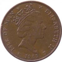 obverse of 1 Penny - Elizabeth II - 3'rd Portrait (1985 - 1987) coin with KM# 143 from Isle of Man. Inscription: ISLE OF MAN ELIZABETH II 1985