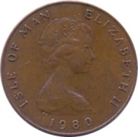 obverse of 1 Penny - Elizabeth II - 2'nd Portrait (1980 - 1983) coin with KM# 59 from Isle of Man. Inscription: ISLE OF MAN ELIZABETH II 1980