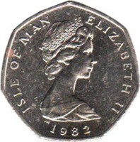 obverse of 20 Pence - Elizabeth II - 2'nd Portrait (1982 - 1983) coin with KM# 90 from Isle of Man. Inscription: ISLE OF MAN ELIZABETH II 1982
