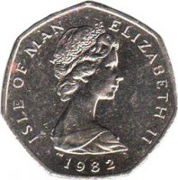 Isle of Man coin 20 Pence - Elizabeth II - 2'nd Portrait (1982 - 1983) obverse obverse of 20 Pence - Elizabeth II - 2'nd Portrait (1982 - 1983) coin with KM# 90 from Isle of Man. Inscription: ISLE OF MAN ELIZABETH II 1982