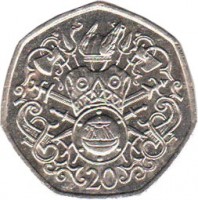 Isle of Man coin 20 Pence - Elizabeth II - 2'nd Portrait (1982 - 1983) reverse reverse of 20 Pence - Elizabeth II - 2'nd Portrait (1982 - 1983) coin with KM# 90 from Isle of Man. Inscription: 20 AB