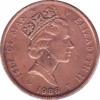 obverse of 2 Pence - Elizabeth II - 3'rd Portrait (1985 - 1987) coin with KM# 144 from Isle of Man. Inscription: ISLE OF MAN ELIZABETH II 1986