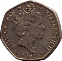 obverse of 20 Pence - Elizabeth II - 3'rd Portrait (1985 - 1987) coin with KM# 147 from Isle of Man. Inscription: ISLE OF MAN ELIZABETH II 1986